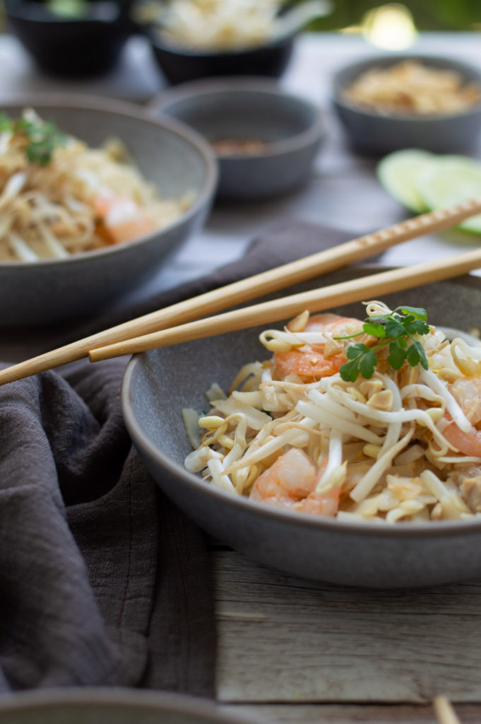 A 45° angle photograph of the Pad Thai dish